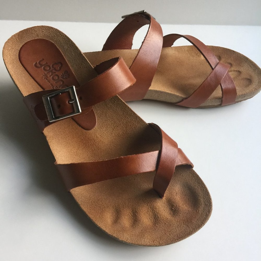 Yokono Brown Leather Slide Sandals Toe Strap 6.5
